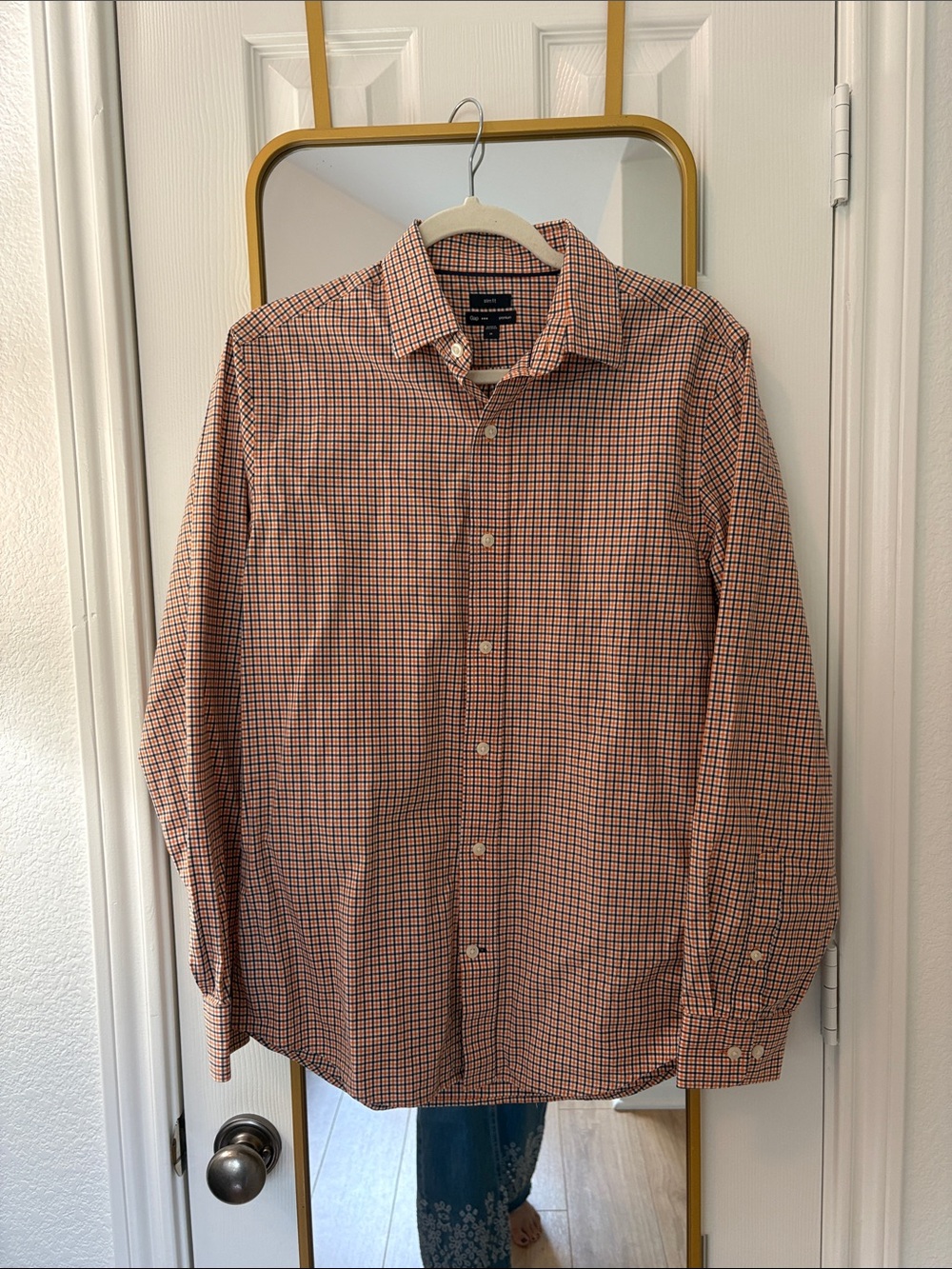 GAP Men's Orange and Navy Micro-Check Button-Down Shirt